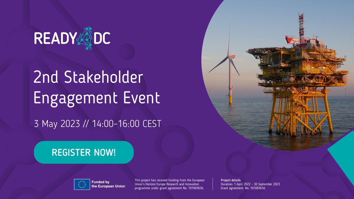 Join us  #online @ the 2nd Stakeholder Engagement #event on 3 May at 14:00 CEST! Our experts will share updates main findings from #READY4DC’s most recent publications.

👉 Registration &amp; agenda: ready4dc.eu/events/ready4d…

#HVDC  #windenergy #windispower #research #innovation