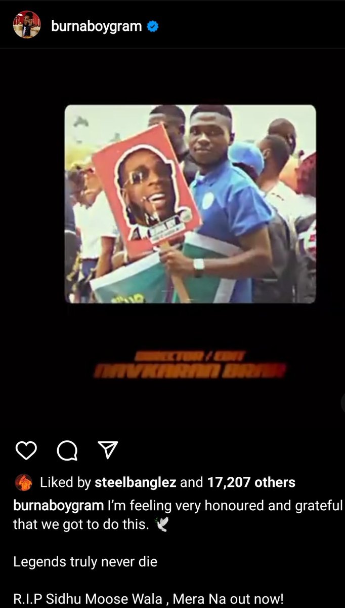 "I'm feeling very honoured and greatful that we got to do this 🕊"
Burnaboy via his IG  
Lots of love burna and immense respect for you ❤️🙌
#Sidhumoosewala 
#Burnaboy
#JusticeForSidhuMooseWala