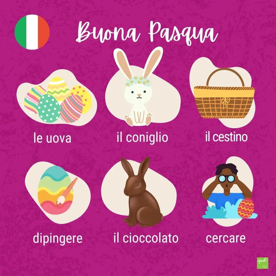 SpeakLanguageVA's tweet photo. 💐🐰Easter is soon upon us! That means it's time to brush up on our Easter vocab in 🇨🇿🇩🇪🇮🇹🇫🇷!
.
Vocab top to bottom, left to right; happy Easter!, Eggs, rabbit, basket, to paint, chocolate, to search.
.
.
#easter #eastervocab #languageschool #languagelearning #languagecenter https://t.co/HDDXKupo5w