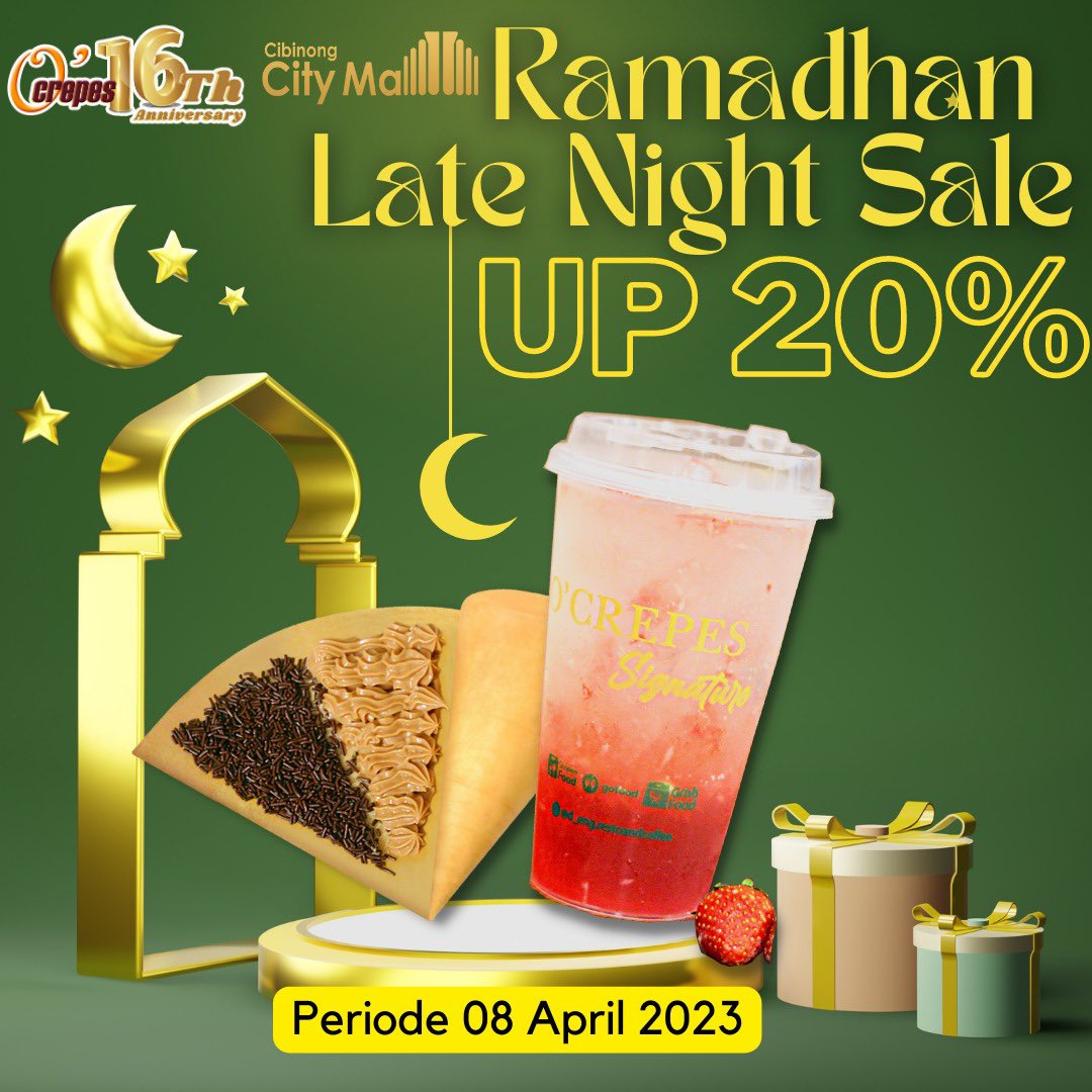 Hello O'crepes Lovers 
Jangan lupa Tanggal 08.04.23 
Kita Adain Ramadhan Night Sale ✨
Save The Date ya . 

Dan Nikmati Promo UP 20% Untuk Crepes Choco Peanut/ Double Choco dan Semua Variant untuk Soda Series 🥰