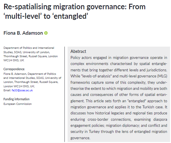 IntMig_Journal's tweet image. Check out @FionaAdamson @SOAS #article  
&apos;Re-spatialising migration governance: From ‘multi-level’ to ‘entangled’&apos; focusing on the case of Turkey #OutNow 

onlinelibrary.wiley.com/doi/10.1111/im…

@WileySociology @WileyPolitics @WileyGeoAnthro