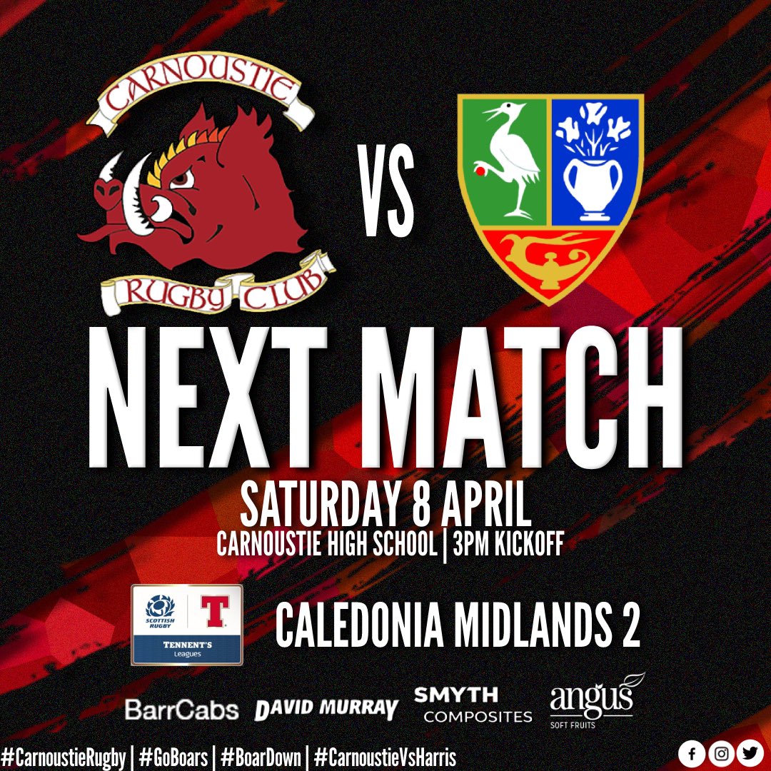 𝗡𝗘𝗫𝗧 𝗠𝗔𝗧𝗖𝗛 ⏭

Next up for our seniors team is a big match in Caledonia Midlands 2 as welcome Harris Rugby to town! 💪

🆚 Harris
🏆 Tennents Caledonia Midlands 2
📆 Saturday 8th April
🏠 Carnoustie High School
⏰ 3pm

#CarnoustieRugby #GoBoars #BoarDown