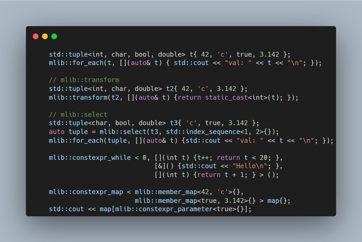rshepherdcpp's tweet image. The newest release of my C++ metaprogramming library mlib is out: github.com/robertshepherd…! Check the newest features out! Check out the new compile time string features (string_parse.hpp)!🎉 #cpp #metaprogramming #cplusplus #c #programming #github