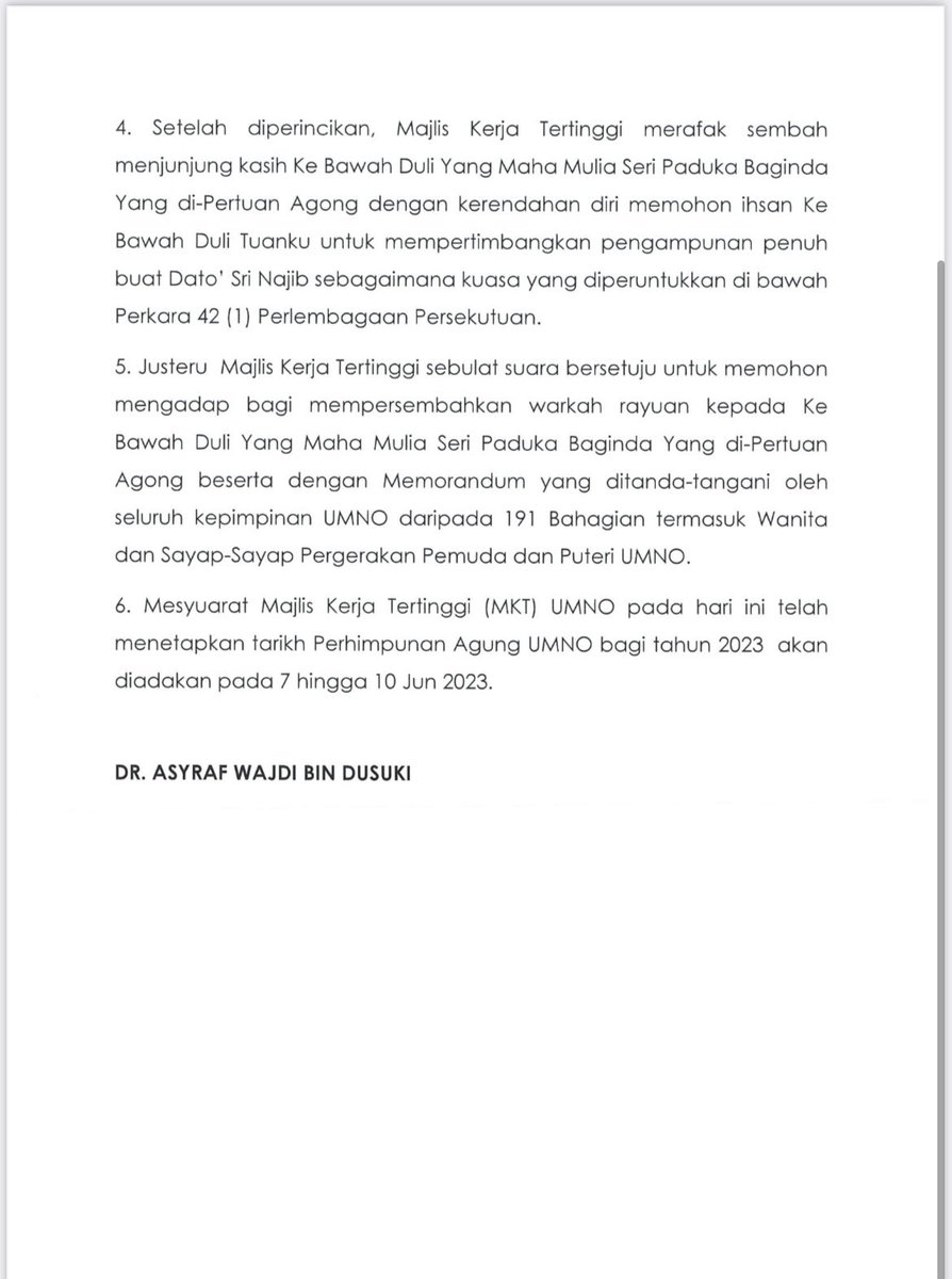 redzuanNewsMPB's tweet photo. MKT UMNO memohon YDPA mempertimbangkan pengampunan penuh Najib Razak dan memohon mengadap bagi mempersembahkan warkah rayuan. https://t.co/GTdBD0rj6R