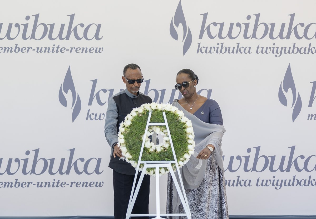 As Rwanda and the rest of the world mark the 29th commemoration of the 1994 Genocide Against the Tutsi, President Kagame and First Lady Jeannette Kagame laid a wreath at the resting place of over a quarter million victims and observed a moment of silence. #Kwibuka29