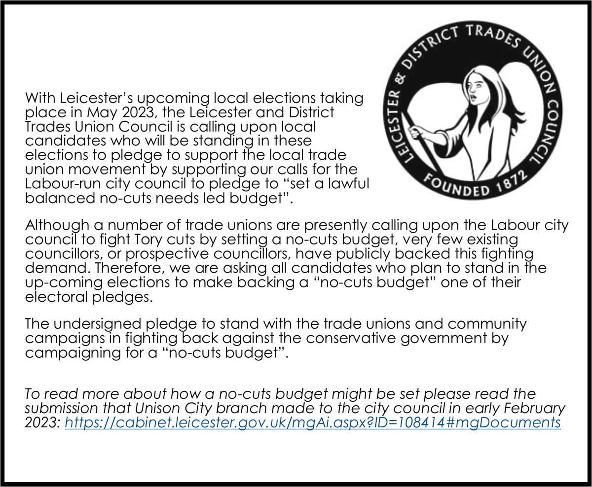 Leicester and District Trades Council has written a statement to identify council candidates standing in the #May4 elections who will stand alongside trade unions &amp; community campaigns to fight back against *all* cuts, including those at #AshFieldAcademy. docs.google.com/forms/d/12S3hy…