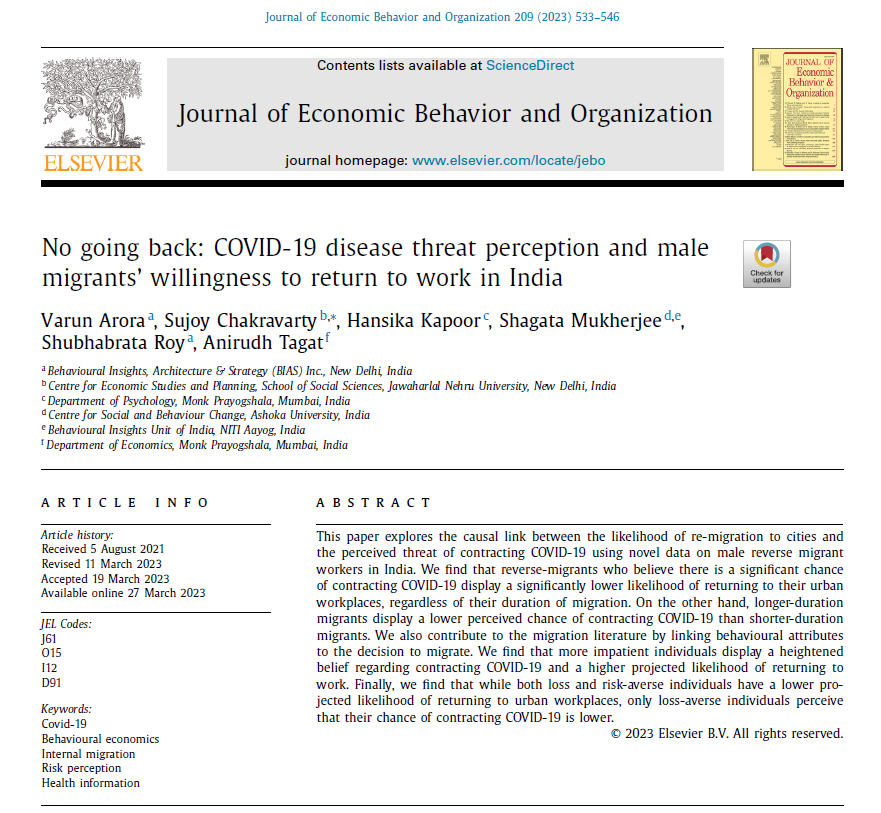 🚨 New Publication Alert!🚨
A few years in the making, here is our (w Sujoy Chakravarty, <a href="/ShagataMukherji/">Shagata Mukherjee</a> <a href="/biasshubho/">shubhabrata roy (shubho)(he/him)</a> <a href="/varunarora321/">Varun Arora</a> and <a href="/hansika_kapoor/">Hansika Kapoor</a>) paper on #migrants during #COVID19 in India in the Journal of Economic Behavior and Organization! 

authors.elsevier.com/c/1gt55c24b3S16