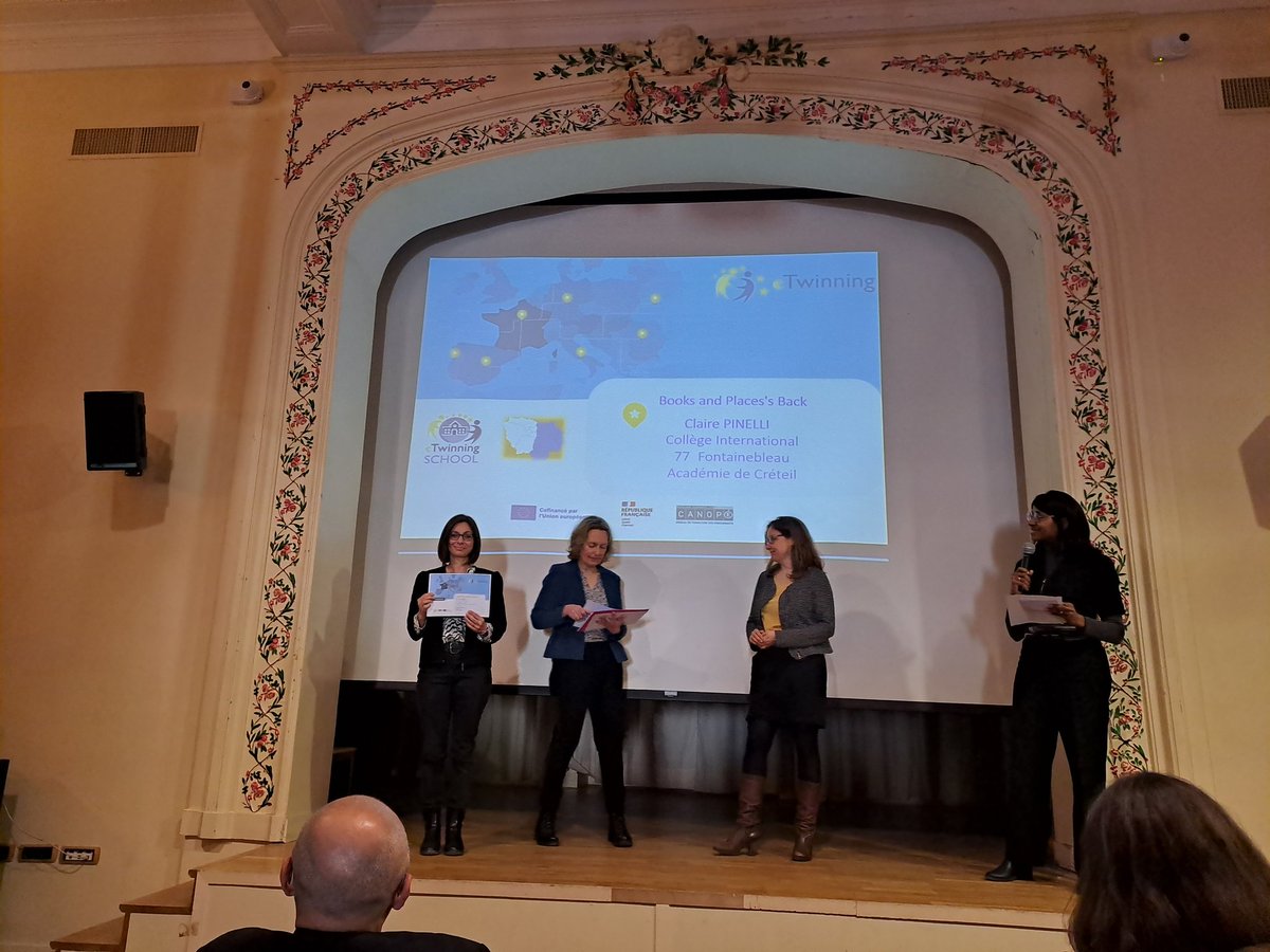 HDelpont's tweet photo. Très heureuse d'avoir participé à la cérémonie de remise des labels #etwinning de la région académique Ile de France. Bravo à tous les enseignants et leurs élèves pour ces projets d'ouverture enthousiasmants.@AcCreteil @ReseauCanopee @eT_Creteil @eTwinningFrance @EUErasmusPlus https://t.co/2UQ71rbHTr