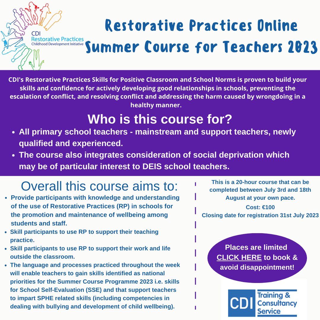 CDI is thrilled to announce our #RestorativePractices Online Summer Course for #Teachers is now open for registration! To book, click here: ow.ly/Xy0R50NCnyM
#RestorativePractices #Relationships #ConflictResolution 
@PDSTie @PDST_Hwellbeing @INTOnews @TeacherEdChat