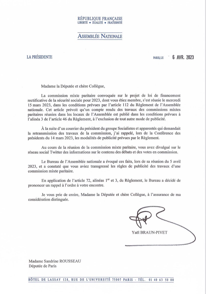 sandrousseau's tweet photo. Je viens de recevoir un « rappel à l’ordre » parce que j’ai tweeté durant la CMP sur la réforme des retraites de l’Assemblee nationale. 
On est où là @YaelBRAUNPIVET ?
Vous n’avez que la répression et la sanction comme réponse à la contestation? Vraiment?
#ReformeDesRetaites https://t.co/KWESg8b7wm