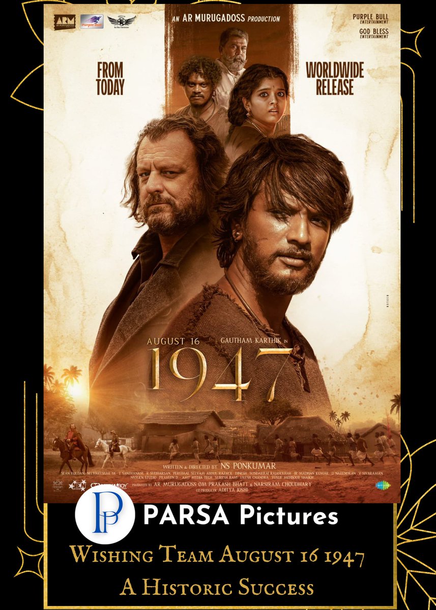 Parsa Pictures Pvt Ltd (@parsapictures) on Twitter photo Best Wishes to <a href="/Gautham_Karthik/">Gautham Ram Karthik</a>
<a href="/ARMurugadoss/">A.R.Murugadoss</a> & <a href="/NsPonkumar/">NS Ponkumar</a> entire team of #1947august16 for a blockbuster Historic success
Wishes from <a href="/ParsaPictures/">Parsa Pictures Pvt Ltd</a>
<a href="/iomprakashbhatt/">Om Prakash Bhatt</a> <a href="/Adityajeeeee/">Aditya Joshi</a> <a href="/Ncchoudhary0207/">เคจเคฐเคธเฅเคฐเคพเคฎ เคเฅเคงเคฐเฅ ( เคฎเฅเคฆเฅ เคเคพ เคชเคฐเคฟเคตเคพเคฐ )</a> <a href="/RevathySharma2/">Revathy S</a> @VijaytvpugazhO <a href="/RSeanRoldan/">Sean Roldan</a>
<a href="/purplebullent/">Purple Bull Entertainment</a> Best Wishes to <a href="/Gautham_Karthik/">Gautham Ram Karthik</a>
<a href="/ARMurugadoss/">A.R.Murugadoss</a> & <a href="/NsPonkumar/">NS Ponkumar</a> entire team of #1947august16 for a blockbuster Historic success
Wishes from <a href="/ParsaPictures/">Parsa Pictures Pvt Ltd</a>
<a href="/iomprakashbhatt/">Om Prakash Bhatt</a> <a href="/Adityajeeeee/">Aditya Joshi</a> <a href="/Ncchoudhary0207/">เคจเคฐเคธเฅเคฐเคพเคฎ เคเฅเคงเคฐเฅ ( เคฎเฅเคฆเฅ เคเคพ เคชเคฐเคฟเคตเคพเคฐ )</a> <a href="/RevathySharma2/">Revathy S</a> @VijaytvpugazhO <a href="/RSeanRoldan/">Sean Roldan</a>
<a href="/purplebullent/">Purple Bull Entertainment</a>