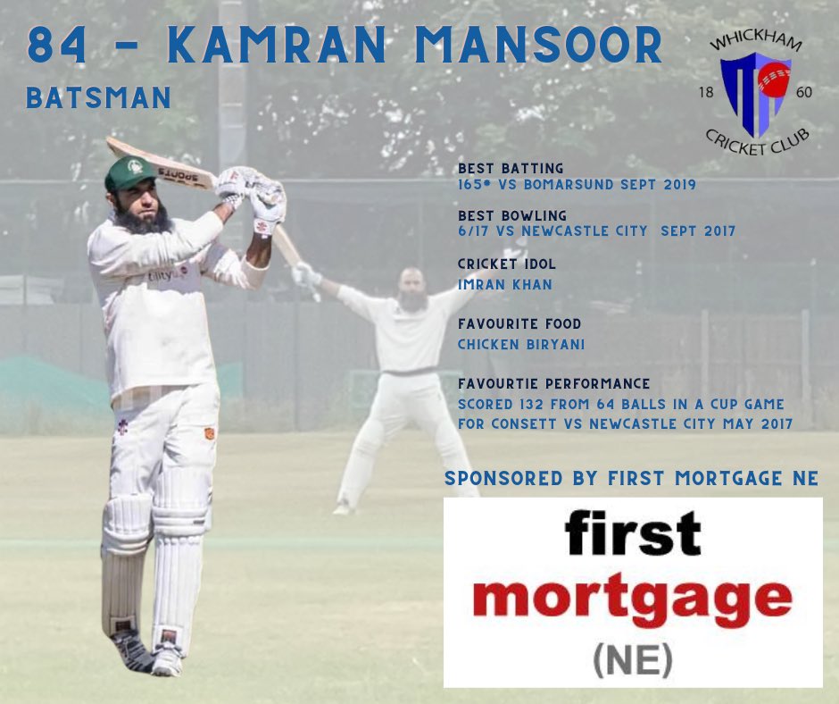 This season we welcome back Kam for his 2nd season at Whickham CC. Kam scored over 1,000 runs for the club last year and we are hoping for another successful season this year Kam is sponsored by @FirstMortgageNE