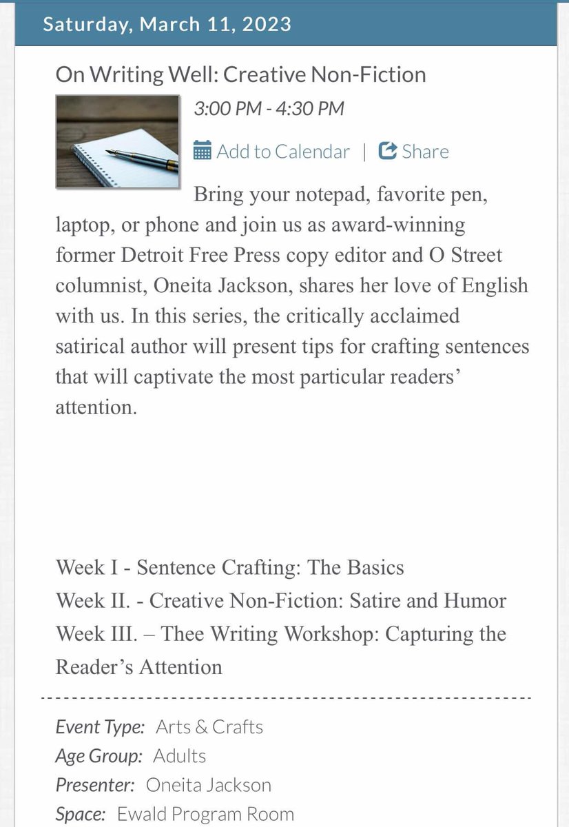 oneitadetroit's tweet photo. Week III of "On Writing Well: Creative Nonfiction" is 3:00 p.m. - 4:30 p.m. Saturday, 4/8 at the Grosse Pointe Public Library, Ewald Branch. It has been my joy to teach this class--stop by! (Registration link in comments.) #onwritingwell #joyofsentencecrafting #oneitajackson https://t.co/5wy12wbH91