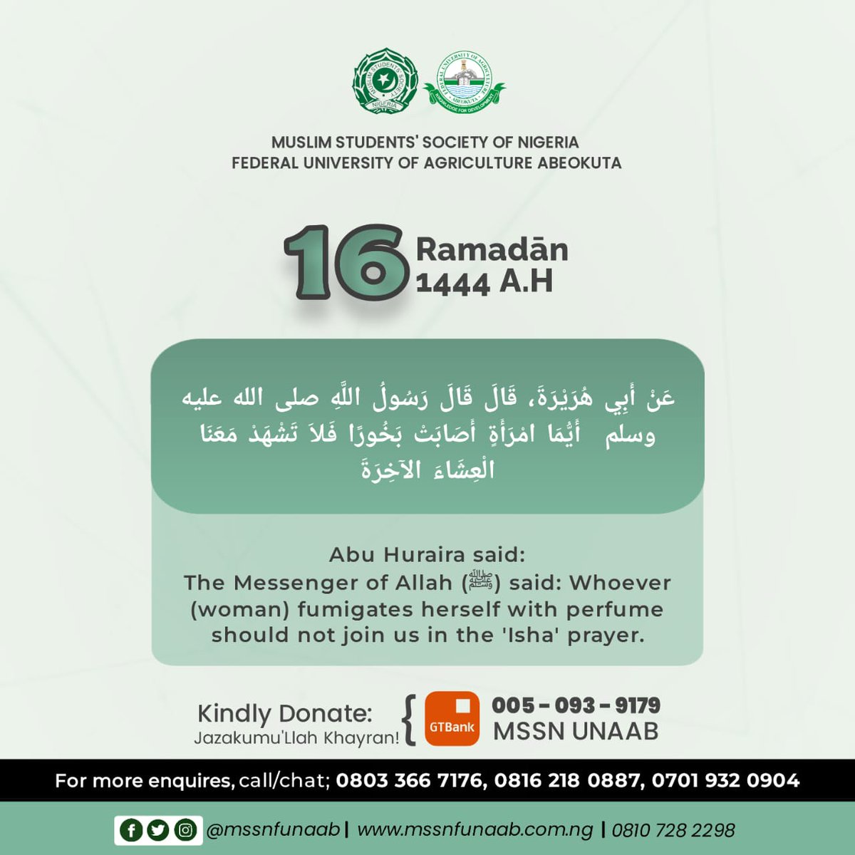 MSSNFunaab's tweet image. 1444A.H RAMADAN - DAY 16

Do not inconvenience others with an unpleasant odour of your perfume. If you must use one, use the one with a pleasant smell that won't disturb people. 

#MSSNFUNAAB
#Ramadan
#Ramadan1444AH