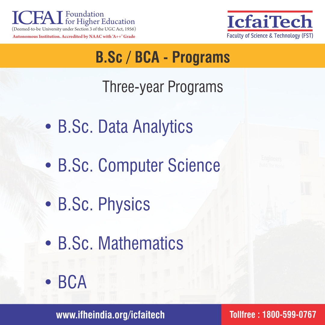 ICFAI_TECH's tweet image. Admissions are Open at IcfaiTech, Hyderabad for B.Sc  and BCA Programs 2023. 
Excellent Placements and Merit Scholarships are available.
Apply now @ bit.ly/3HuoUT2

#BSCAdmissions #BCA  #IcfaiTechAdmissions2023  #IcfaiTechHyderabad.