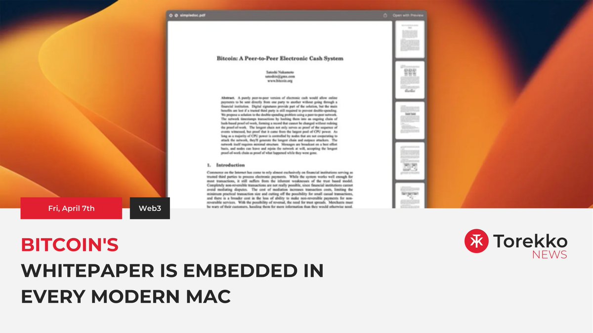 torekkonews's tweet image. The Bitcoin whitepaper has apparently been hidden in all modern Mac computers since 2018. This was accidentally discovered by blogger Andy Baio, who found a PDF copy of the whitepaper while trying to fix his printer.

#Maccomputers #Whitepaper #Andybaio