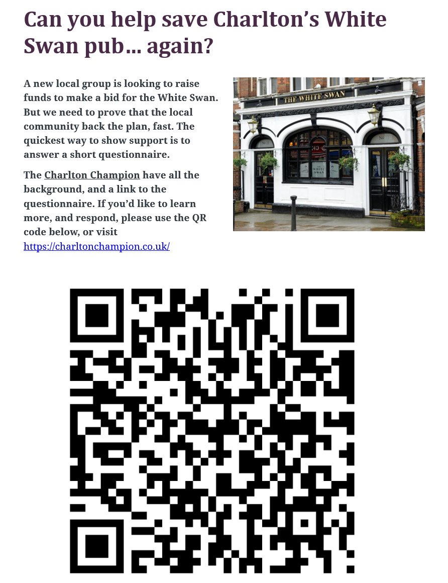 Approaching 500 responses to the White Swan support questionnaire now. Huge thanks to <a href="/vgreengrocers/">villagegreengrocers</a> and <a href="/oldcoffeeshop/">Old Cottage Coffee</a> for helping spread the word. If anyone else wants to publicise the efforts this image may help (but test the QR code works if you print it)
