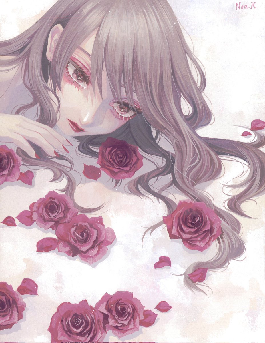 1girl flower solo rose petals long hair brown hair  illustration images