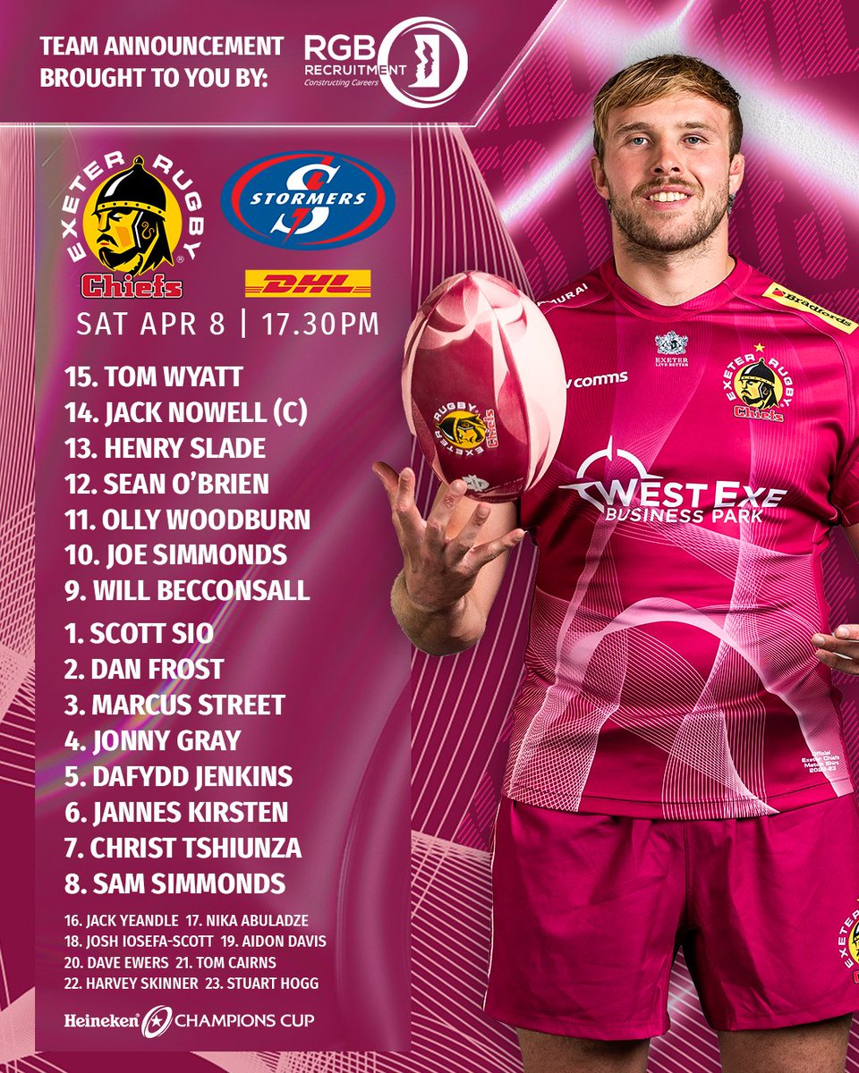 📢 - 𝗧𝗘𝗔𝗠 𝗔𝗡𝗡𝗢𝗨𝗡𝗖𝗘𝗠𝗘𝗡𝗧

Brought to you by <a href="/RGBRecruitment/">RGB Recruitment Ltd</a> 

Here is your <a href="/exeterchiefs/">Exeter Chiefs</a> side to face <a href="/THESTORMERS/">DHL Stormers</a> in tomorrow's <a href="/ChampionsCup/">Investec Champions Cup</a> quarter-final at <a href="/SandyParkExeter/">Sandy Park Exeter</a> (5:30pm)

Tickets ▶️ shorturl.at/bhyS6

exeterchiefs.co.uk/news/chiefs-si…

#EXEvSTO