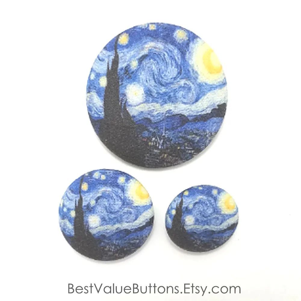 Beautiful Starry Night Buttons! Available in  3 sizes and backs! Bestvaluebuttons.etsy.com #etsy #etsyspecialt #epiconetsy #bestvaluebuttons #starrynight #atarrynights #starrynightvangogh #starrystarrynight #Buttons #fabricbuttons #coveredbuttons #printb… instagr.am/p/CqvY1bfLr1b/