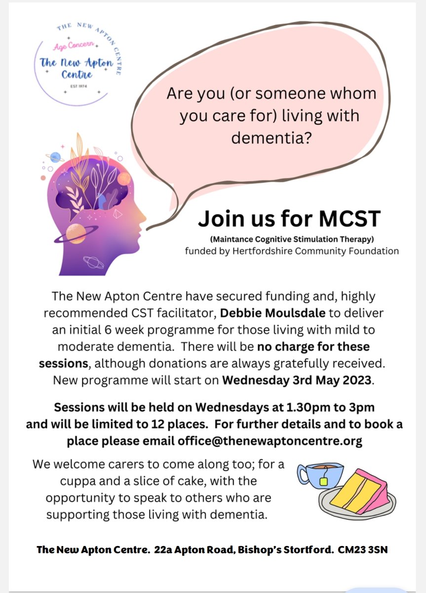 New MCST (Maintenance Cognitive Stimulation Therapy) group in Bishop's Stortford. Please contact the @NewAptonCentre to book, more details on the flyer below #LivingWellWithDementia #BishopsStortford