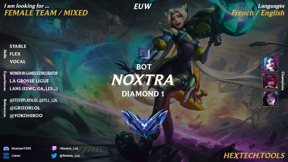 Hey everyone,
I'm now looking for a team, female team preferred but open to mixed one.

I have multiple team experiences and I'm willing to work hard to improve 👊

Feel free to contact me for further informations via DM or Discord 📩

Thanks for the 🔁and ❤️