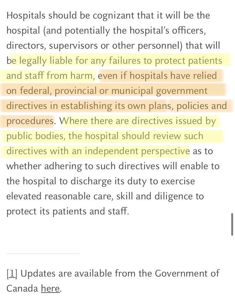 As 🇨🇦 hospitals & LTC consider provincial PH announcements that masks are optional in healthcare settings, they should probably think about liability based on the lessons learned from the SARS1 pandemic.

See highlighted conclusions ⬇️.

SARS1 legal link: osler.com/en/resources/g…