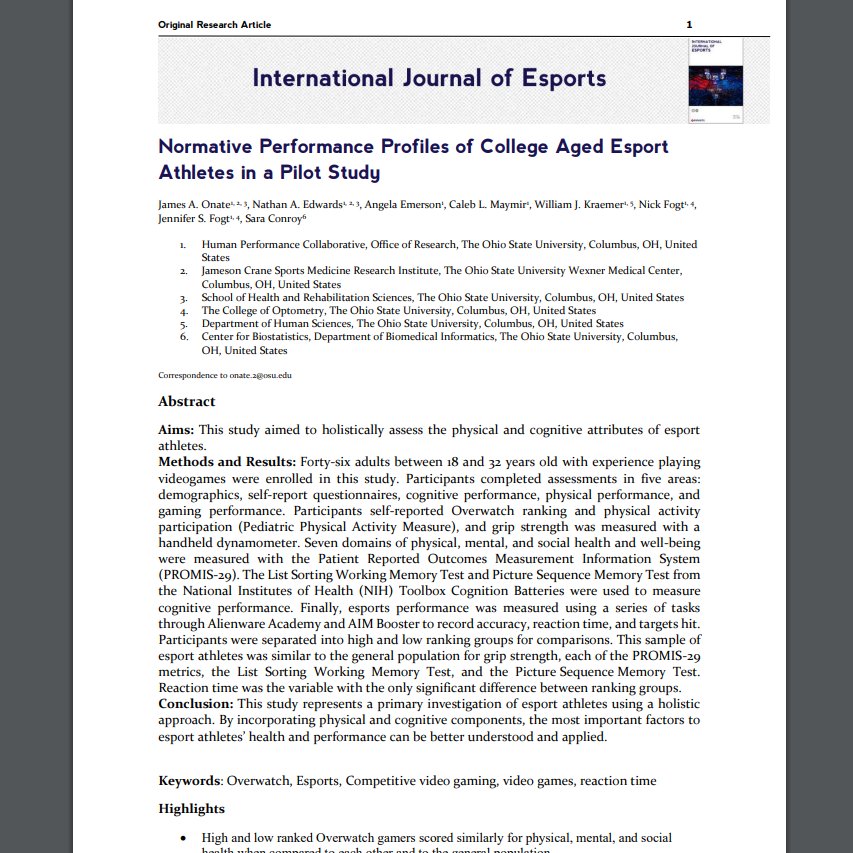 New paper published on <a href="/IJESPORTS/">International Journal of Esports</a>  International Journal of Esports

Titled: 🔴 Normative Performance Profiles of College Aged Esport Athletes in a Pilot Study 🔴

Link: ijesports.org/article/75/html