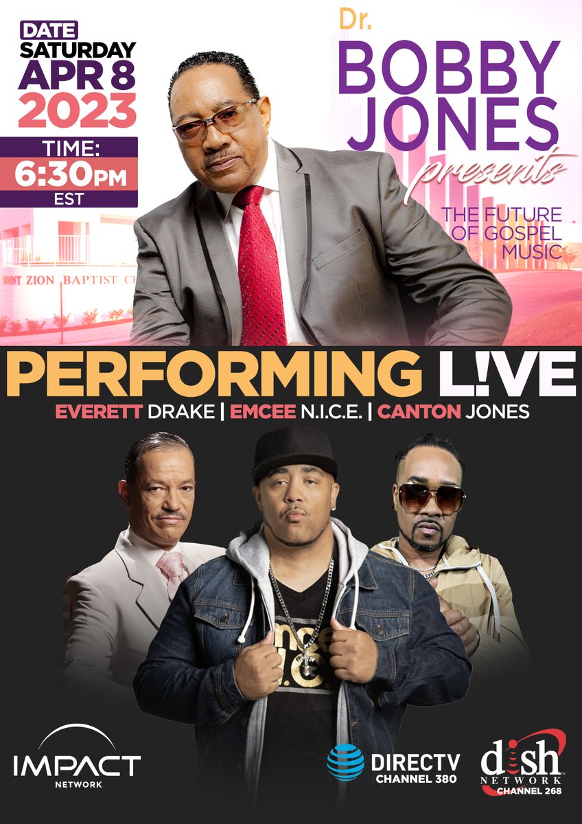 EmceeNICELA's tweet photo. #BreakingNews #PerformingLive on Dr. BOBBY JONES PRESENTS Gospel #TVShow #saturday @emceenicela @thecantonjoness & @EverettDrake #AmenRightThere the @ImpactTVNetwork Channel 380 on #DirectTV || Channel 268 on #DishSatellite #ImpactNetwork #EmceeNICE #CantonJones #EverettDrake #Gospel #CHH #GospelRap