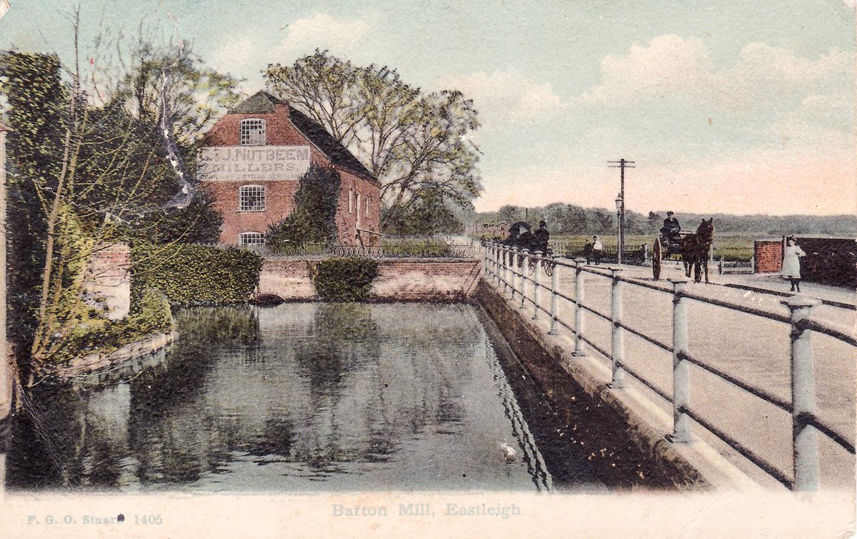 Barton Mill and the mill race, looking eastwards along Bishopstoke Road towards Bishopstoke, opposite the junction with Chickenhall Lane. This was a corn mill, operated by C &amp; J Nutbeem, Millers. This view is from the FGO Stuart postcard no 1405