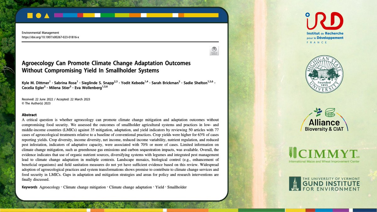 #Agroecology significantly contributes to #ClimateChange adaptation without trade-offs that compromise smallholder yields or income👩🏻‍🌾

Yet more research &amp; data is needed to gain a deeper understanding of agroecology’s potential to mitigate climate change
👉bit.ly/3Mkj2jo