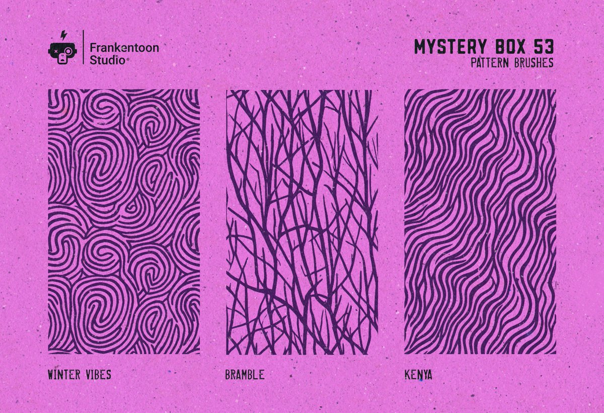 frankentoon's tweet image. Happy FREE #MysteryBox Friday! Today we unlocked box No.53. This bad boy contains some rad pattern brushes for #Affinity, #Procreate and #CLIPSTUDIOPAINT. We hope you enjoy them!