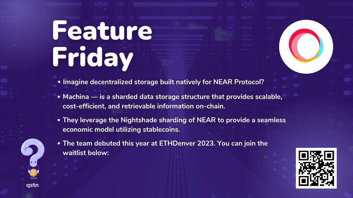 Feature Friday 🎉 

Imagine decentralized storage built natively for #NEARProtocol  

@OnMachina — is a sharded data storage structure that provides retrievable information on-chain 🔓

They leverage $NEAR sharding to provide a seamless economic model 🤝 

onmachina.io