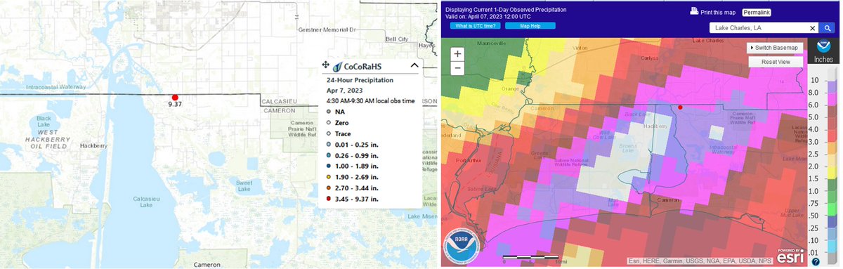 A 9.37' report on the map this morning (4/7) caught our eye. A #CoCoRaHS observer near St. Charles, LA reported that amount and verifies the radar estimated rainfall for that spot. The radar estimate is actually 10 inches or more to the southeast of the observer.