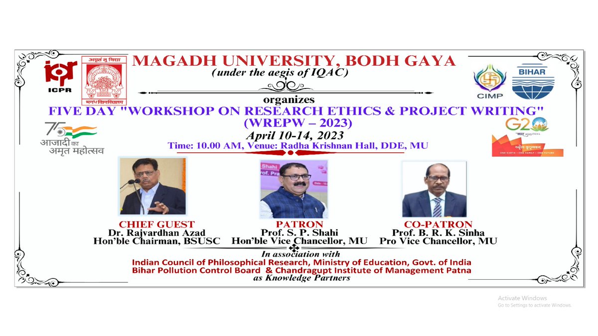 magadhuniversi1's tweet photo. मगध विश्वविद्यालय,बोधगया में दिनांक 10-14 अप्रैल 2023 को भारतीय दार्शनिक अनुसंधान परिषद, बिहार प्रदूषण नियंत्रण बोर्ड, चंद्रगुप्त प्रबंधन संस्थान के सहयोग से "रिसर्च एथिक्स एंड प्रोजेक्ट राइटिंग" विषय पर पांच दिवसीय कार्यशाला (हाइब्रिड मोड) का आयोजन किया जा रहा है
@GovernorBihar https://t.co/s5JfhTQRbz