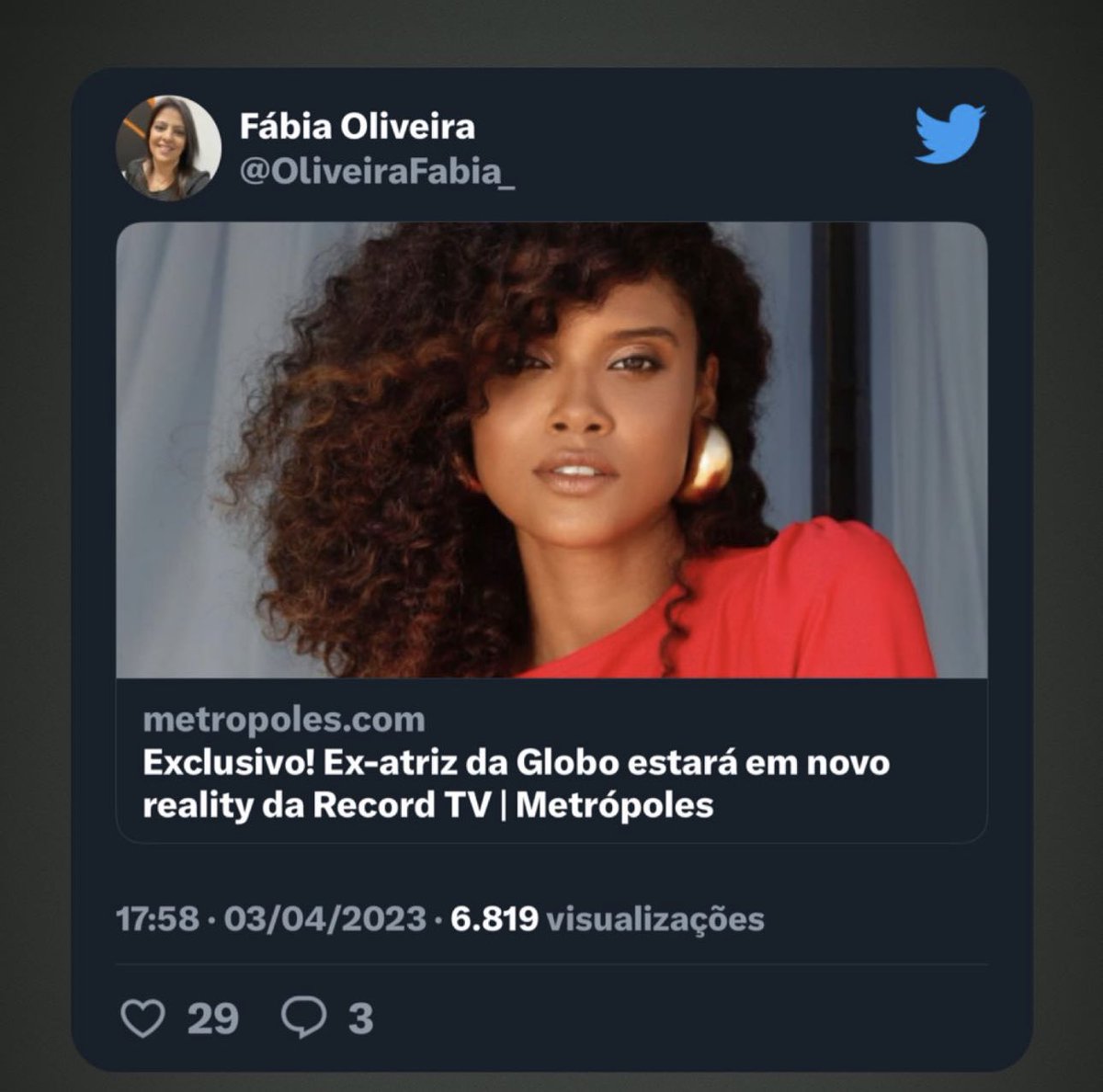 AlineDiasReal's tweet photo. Essa notícia é falsa! Eu e a Record, nunca fizemos contato! Não recebi convite algum! Meus planos são outros! Obrigada! https://t.co/qz7Y9p41S9