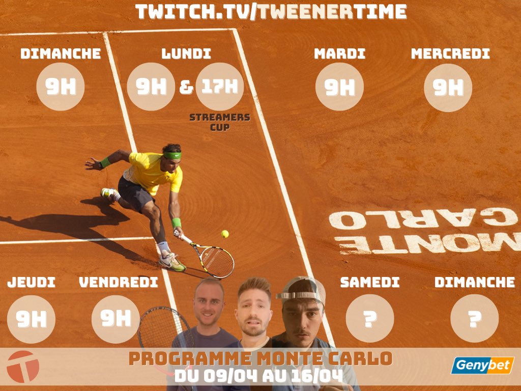 👨🏻‍💻 Planning Twitch
🎾 Masters 1000 de Monte Carlo 
🗓️ Du 09/04 au 16/04
🤝 <a href="/Genybet_Sport/">Genybet Sport 🔞</a> 

Nous serons sur place pour vous couvrir le tournoi de la Principauté avec des lives tous les jours 🇲🇨

De nombreux cadeaux seront à gagner tout au long de la semaine 🎁

❤️ si t’es chaud !