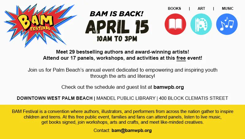 💥@BAMwpb is a family-friendly festival of books, art, and music in downtown West Palm Beach, FL on Saturday, April 15, 2023, from 10 AM - 3 PM! Click here to learn more: bamwpb.org