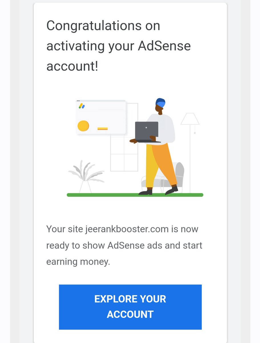 Deepak14123932's tweet photo. Exciting news! After 3 years of hard work and perseverance, my website has finally been approved for Google AdSense. Time to start monetizing and growing my online presence! #AdSense #WebsiteApproval #PersistencePaysOff #google https://t.co/fgVIPixDA7