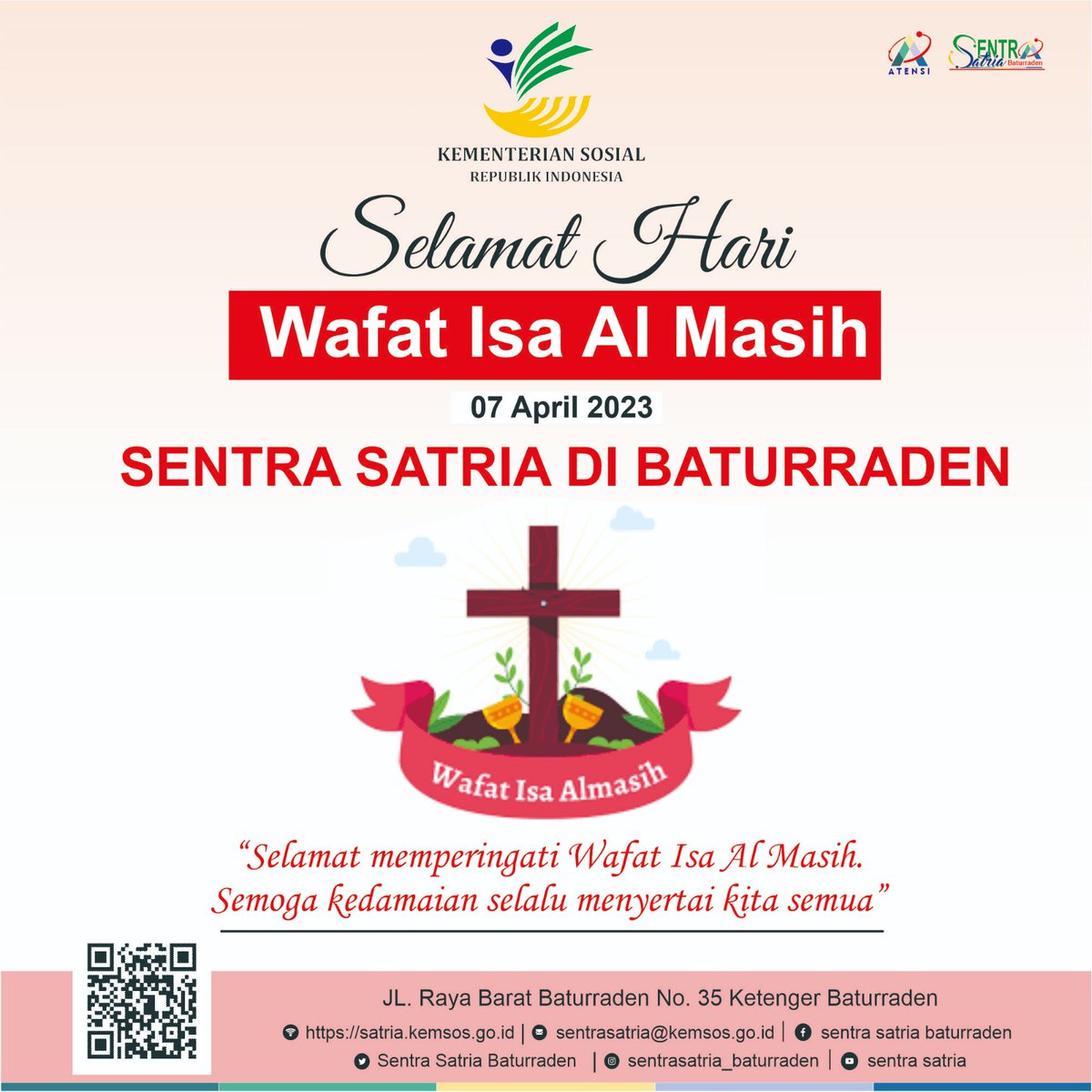 Perenungan akan pengorbanan dan cintaNya memberikan makna mendalam untuk menebar kasih, membawa sukacita dan kedamaian bagi diri dan sesama. Selamat memperingati Jum'at Agung, Wafat Yesus Kristus bagi #SobatSosial umat Kristiani semua🙏