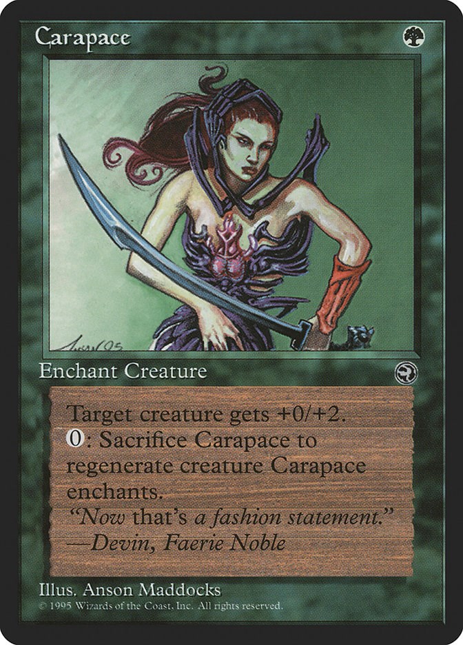 orcish_dreams's tweet image. MTG Card Thoughts: #wotc
Carapace: Good old carapace. This was a key card in my agro wolf deck way back when. It serves just as good in my elf EDH deck.