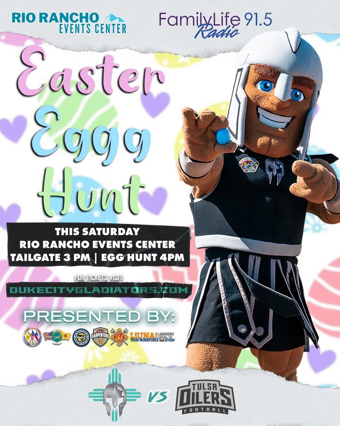 TOMORROW at The Rio Rancho Events Center come and join us for our tailgate Easter egg hunt! We can’t wait to celebrate with you &amp; your families! 🔥🔥
.
.
.
.
#CommunityChampions #DCGladiators #505 #nmtrue #albuquerque #nm #ifl #newmexico #arenafootball #indoorfootball #dukecity