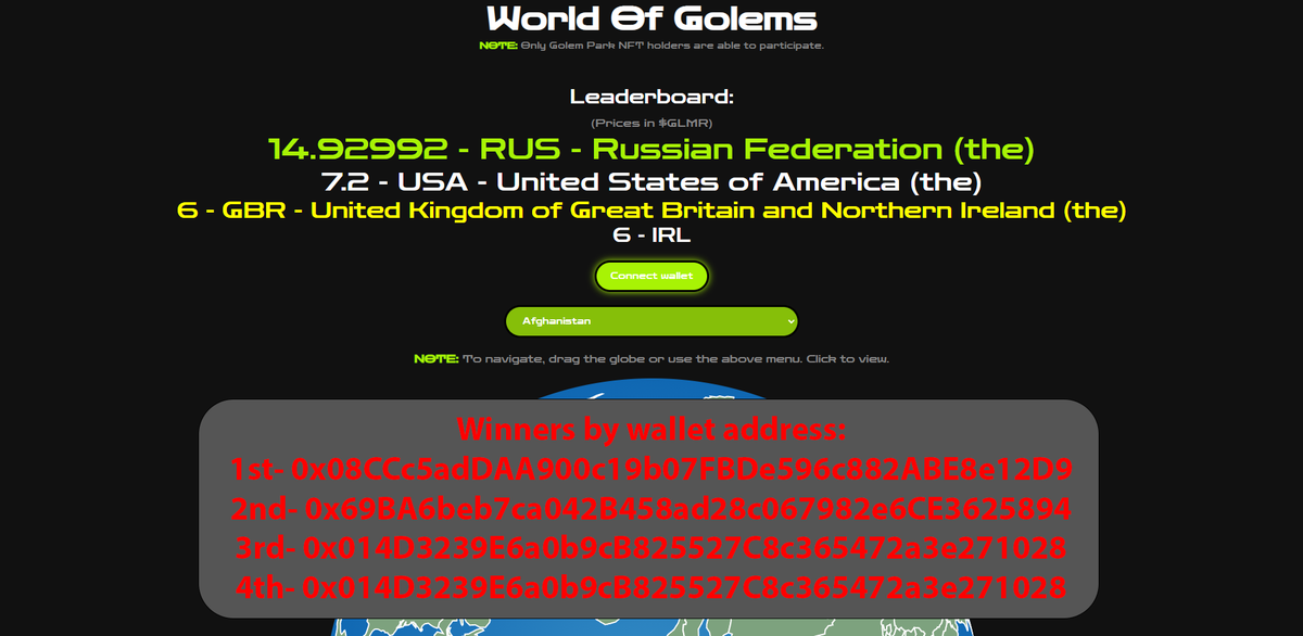 Dear NFT holders, the round for the World of Golems game has ended❗️

Winners will be rewarded in next 24hrs✌️

Thank you for participating in our game, and looking forward to seeing you in the next round in upcoming days🕹️