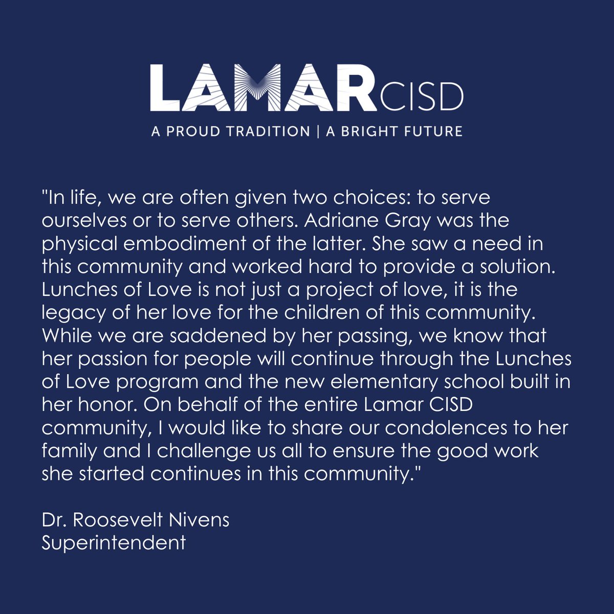 LamarCISD's tweet photo. Adriane Mathews Gray, the Director of Lunches of Love and namesake for our new elementary school opening this fall, passed away on April 5, 2023. Her passion for people will continue through the Lunches of Love program and the new school built in her honor. https://t.co/T9BNF8OBwu