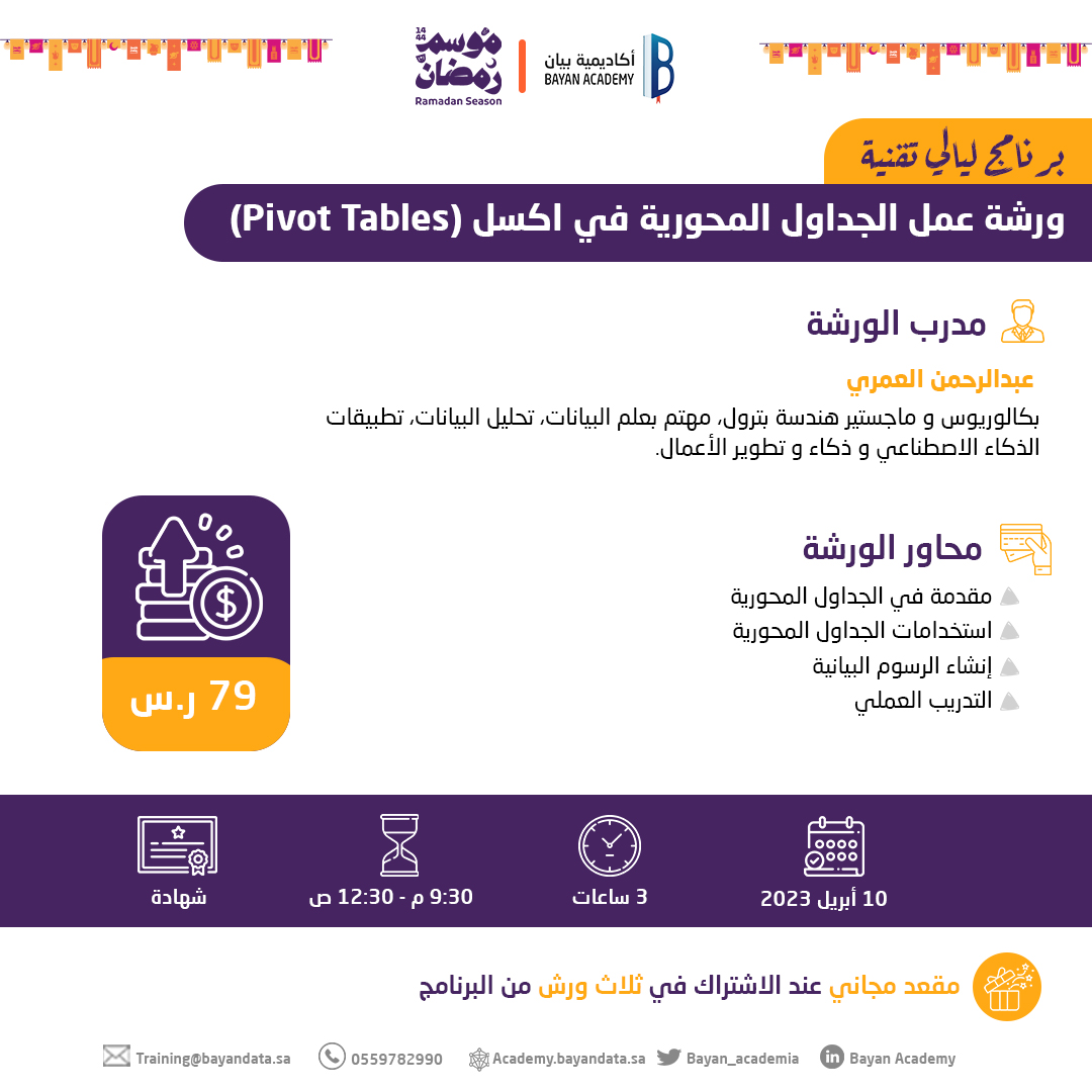 Bayan_academia's tweet photo. أفضل الأدوات والبرامج المستخدمة في #تحليل_البيانات 2023 😎    
- أداة Power BI  
- برنامج Excel 
- برنامج R 
- أداة Tableau  
- برنامج SPSS 

تعرف عن قرب على Power BI و Pivot Tables من خلال #برنامج_ليالي_تقنية وتتضمن:  

- ورشة عمل "لوحتك التفاعلية الأولى في Power BI" 
🗓️ 9 ابريل 
https://t.co/gTmTsBknEH

- ورشة عمل "الجداول المحورية في اكسل (Pivot Tables)" 
🗓️ 10 ابريل 
https://t.co/LQ62WcEiaZ