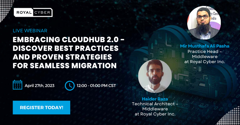RoyalCyberUSA's tweet image. Are you currently running your applications MuleSoft Anypoint CloudHub 1.0, hybrid, or RTF environments, it’s time to upgrade to CloudHub 2.0. Learn ow.ly/W27450NEa9z from our middleware experts how to achieve this migration with ease.  Save Your Spot 
.
.
#cloudhub