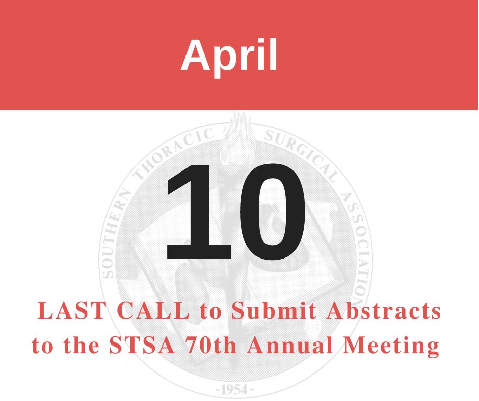 3 days remain to submit your abstracts to the STSA 70th Annual Meeting. Please consider submitting an abstract for the 2023 meeting.

The deadline to submit abstracts is Monday, April 10, 2023 at 11:59 p.m. ET. Visit bit.ly/3HEu3YV to learn more.
