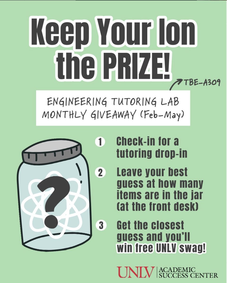 UNLV_StdSuccess's tweet photo. 🚨This is a reminder that engineering tutoring is always available! Feel free to participate in this month's guess to win some UNLV swag! Check out Mattias Dal Monte, who was the winner last month! #unlvasc #unlv #rebels https://t.co/wePZMG3dSu