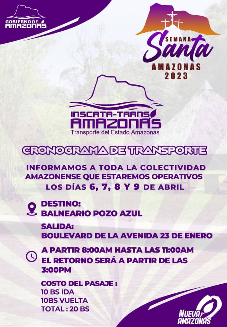 #ENTÉRATE 📢🚍 || Informa a toda la colectividad amazonense que estarán unidades de transporte público operativa para trasladar a los temporadistas durante Semana Santa al Balneario Pozo Azul

<a href="/NicolasMaduro/">Nicolás Maduro</a> 
<a href="/GOB_MiguelR/">Miguel L. Rodríguez</a>

#LaNuevaAmazonas
#AvanzaIndetenible
#EnDefensaDelEsequibo