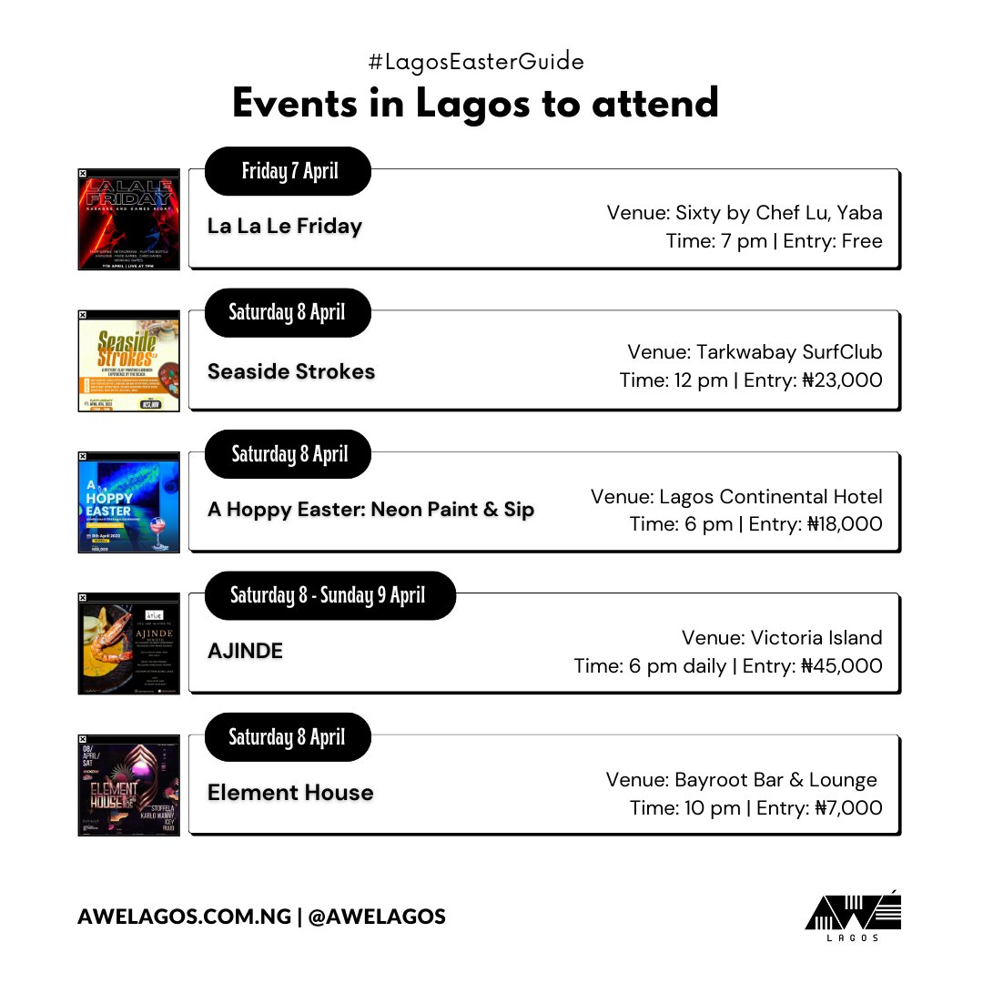 AweLagos's tweet photo. It’s a long weekend and there is plenty to do and see this weekend in Lagos!

From music festivals to live theatre to cookouts and more, Here are 25 of the best things to do in Lagos this Easter weekend.

Happy Easter to everyone celebrating🤍

#AweLagos #LagosWeekendguide https://t.co/9FFbQQVOHB